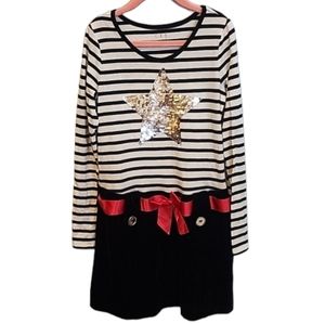 CRB Girl Black and White Flip Sequin Star Belted Dress